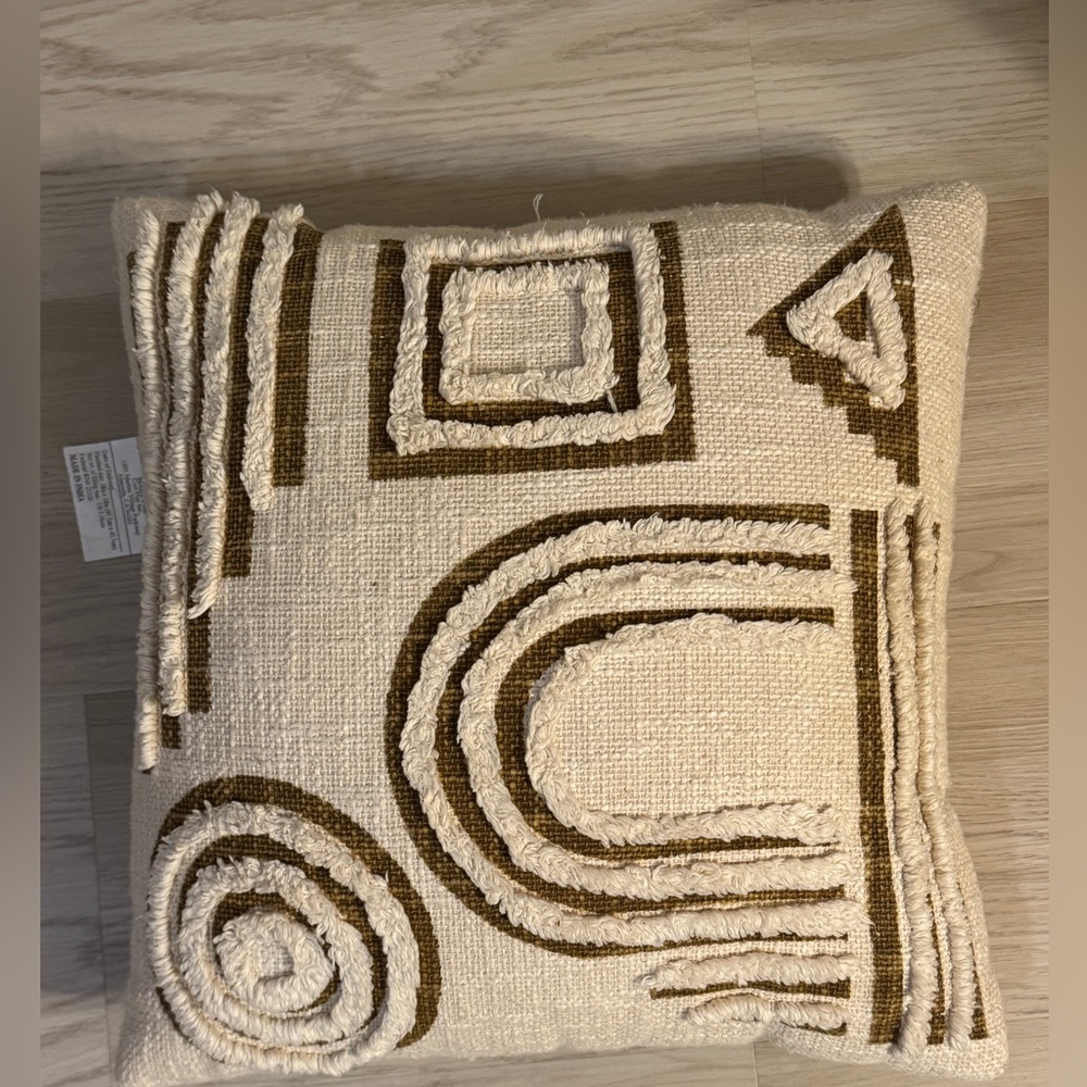 World Market Boho Throw Pillow Ivory And Gold Brown Tufted Abstract 18”